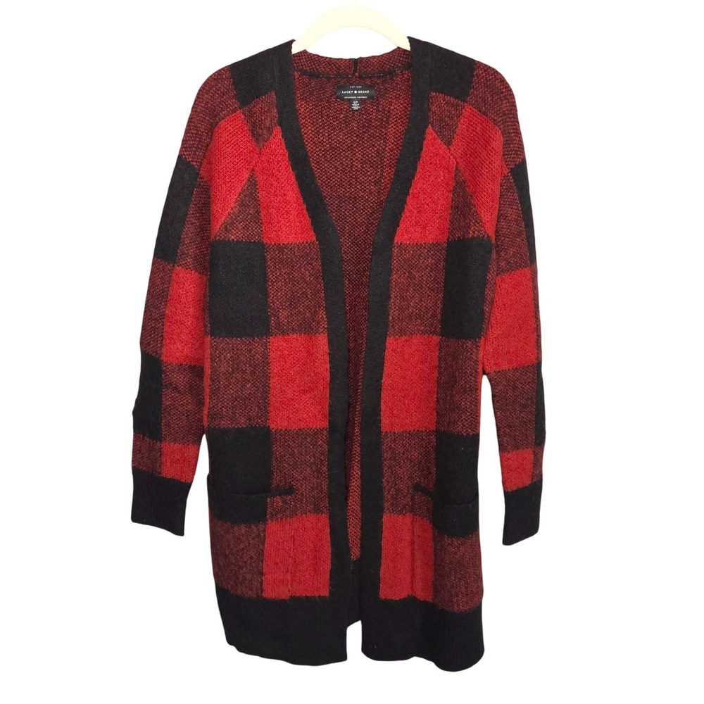 Lucky Brand Cardigan Sweater Womens S Red Black Buffalo Plaid Open Front Long